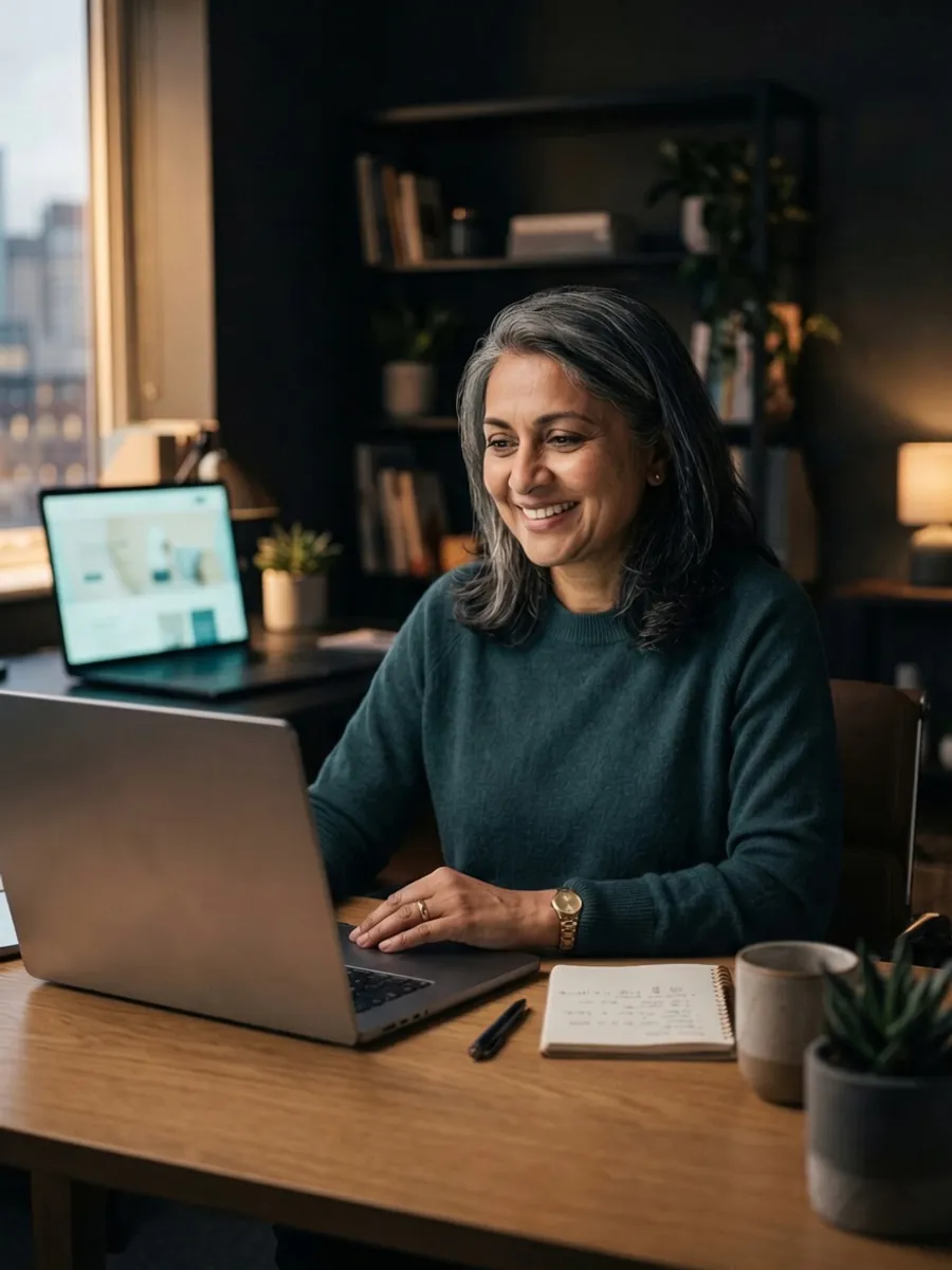 A small business owner smiling as she looks at her finished website on a laptop in a warm home office
