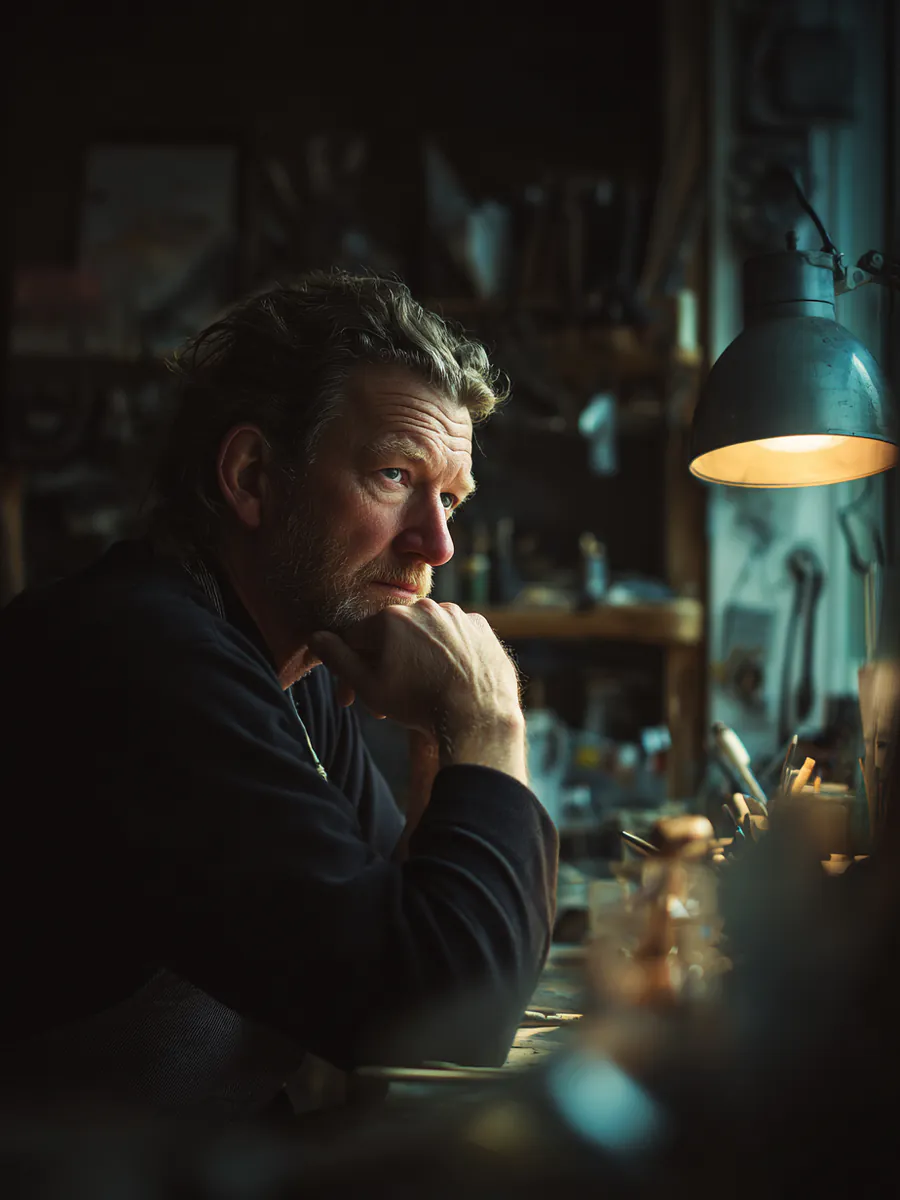A small business owner at their workbench in a dim workshop, resting their chin on their hand in a thoughtful moment
