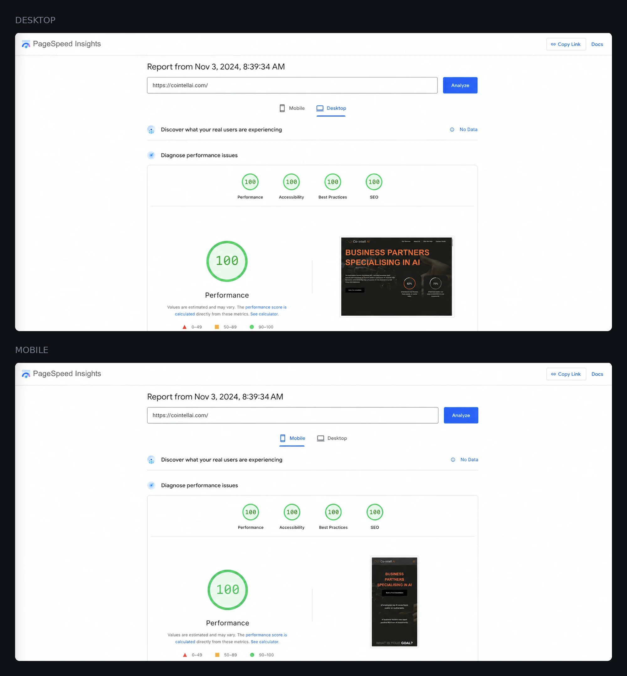 The Google PageSpeed Insights report for cointellai.com on its first build, reproduced in full on desktop and mobile, each showing the earlier site design as it rendered: 100 for performance, 100 for accessibility, 100 for best practices and 100 for SEO on both