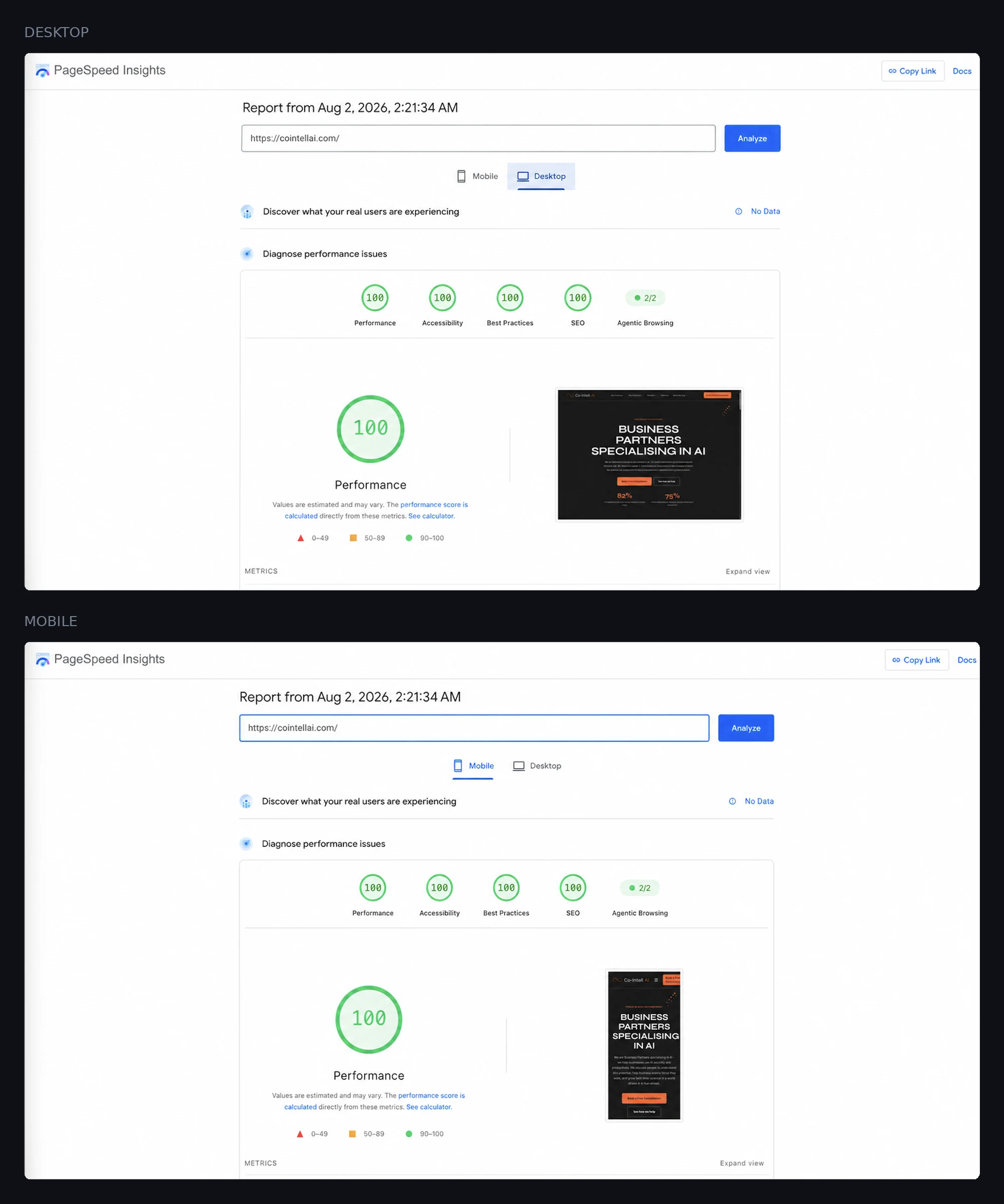 The Google PageSpeed Insights report for cointellai.com, reproduced in full on desktop and mobile, each showing the site as it rendered: 100 for performance, 100 for accessibility, 100 for best practices, 100 for SEO and 2 of 2 agentic browsing checks on both
