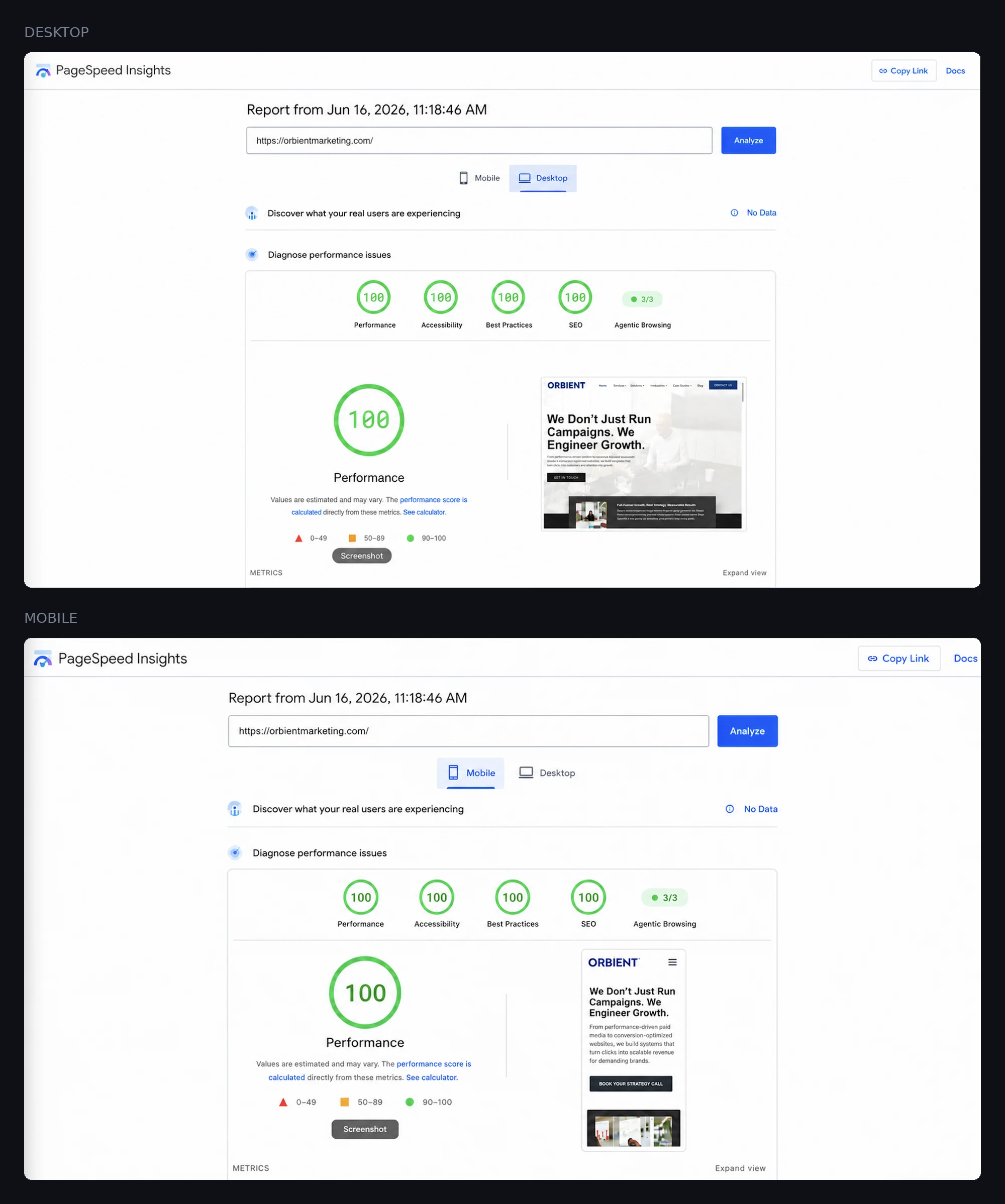 The Google PageSpeed Insights report for orbientmarketing.com, reproduced in full on desktop and mobile, each showing the site as it rendered: 100 for performance, 100 for accessibility, 100 for best practices, 100 for SEO and 3 of 3 agentic browsing checks on both