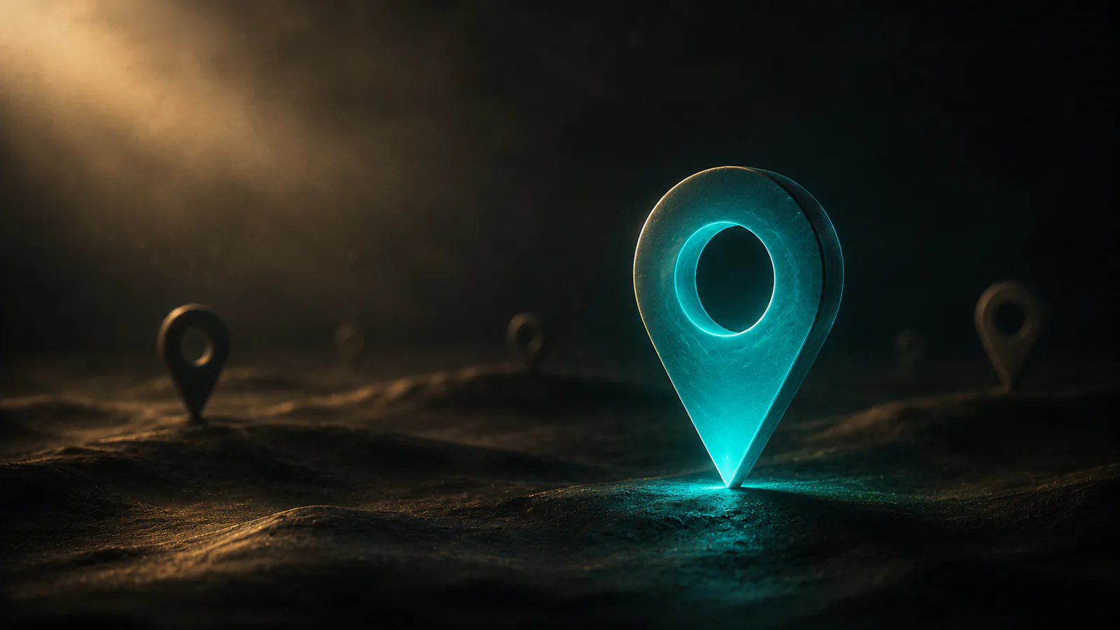 A glowing teal map location pin standing out among dimmer pins on dark terrain
