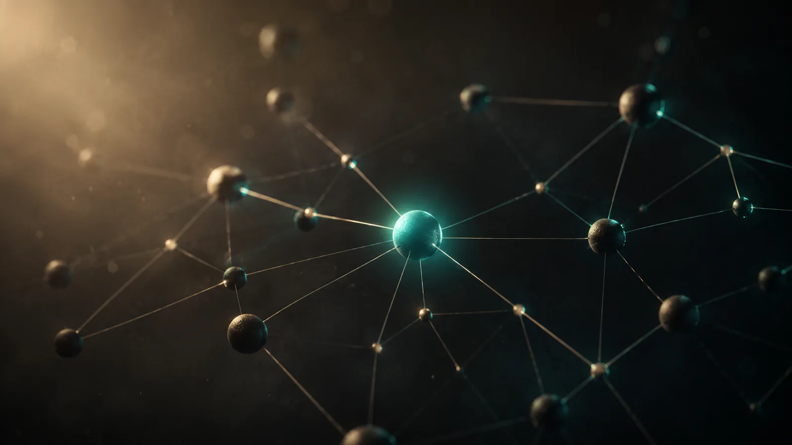 A dark 3D network of connected nodes with a single node glowing teal, standing out from the rest