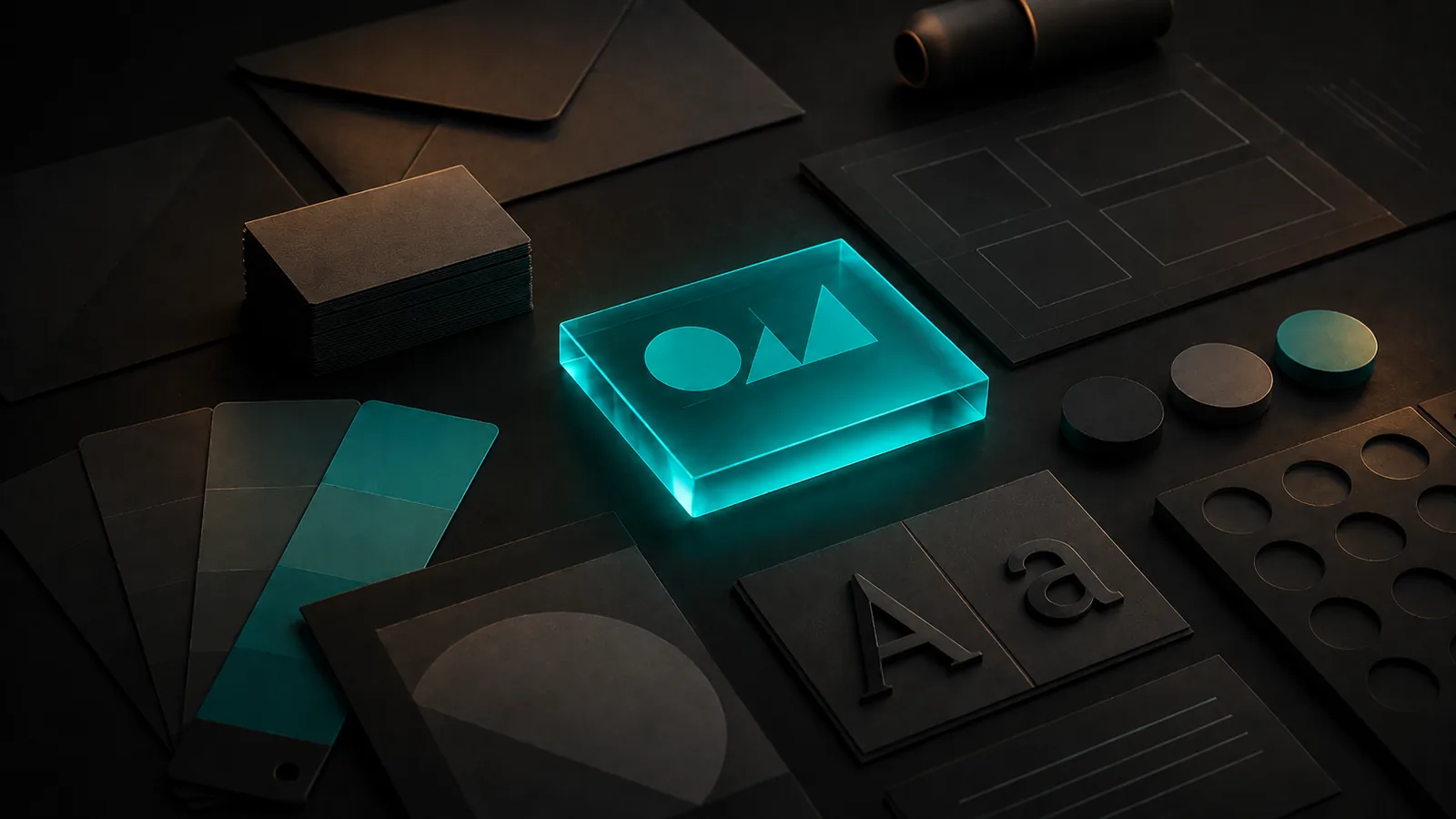 A glowing teal brand identity card surrounded by dark typography, colour and layout elements