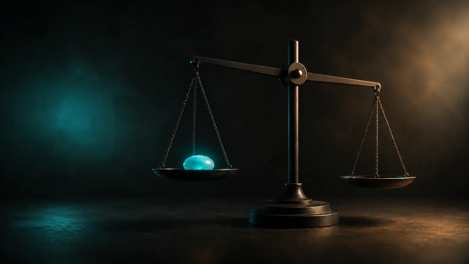 A balance scale in the dark weighing a single glowing teal orb in one pan
